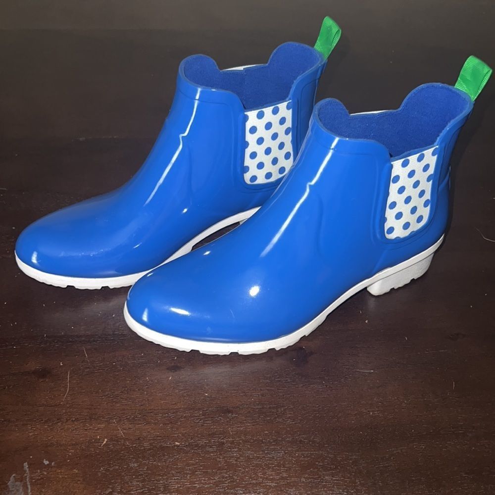 Cougar Terri Handcrafted Rubber Blue Polka Dot Slip On Ankle Rain Boots - Picture 3 of 7